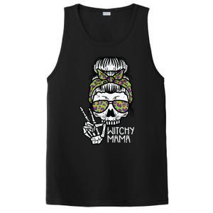 Witchy Mama Skull Leopard Bun Peace Hand Halloween Mom Women PosiCharge Competitor Tank