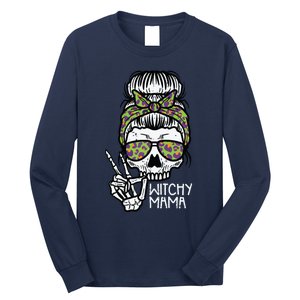 Witchy Mama Skull Leopard Bun Peace Hand Halloween Mom Women Long Sleeve Shirt