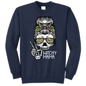 Witchy Mama Skull Leopard Bun Peace Hand Halloween Mom Women Sweatshirt