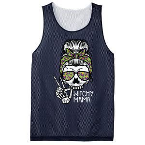 Witchy Mama Skull Leopard Bun Peace Hand Halloween Mom Women Mesh Reversible Basketball Jersey Tank