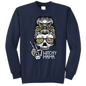 Witchy Mama Skull Leopard Bun Peace Hand Halloween Mom Women Tall Sweatshirt