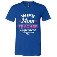 Wife Mom Teacher Superhero Teacher Mom Gift V-Neck T-Shirt