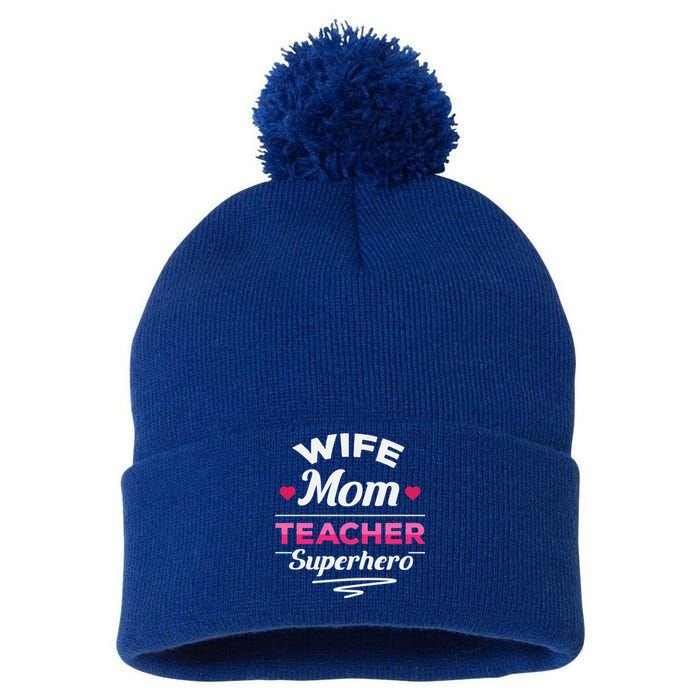 Wife Mom Teacher Superhero Teacher Mom Gift Pom Pom 12in Knit Beanie