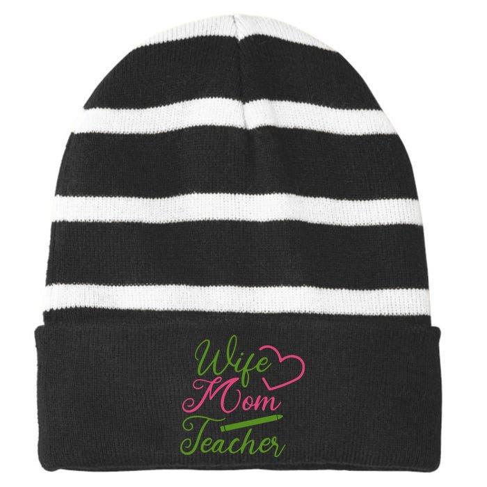 WIFE MOM TEACHER Mother's Day Gift Striped Beanie with Solid Band