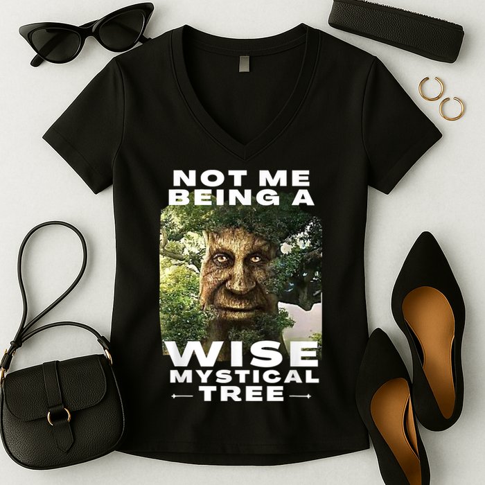 Wise Mystical Tree Face Old Mythical Oak Tree Funny Meme Women's V-Neck T-Shirt