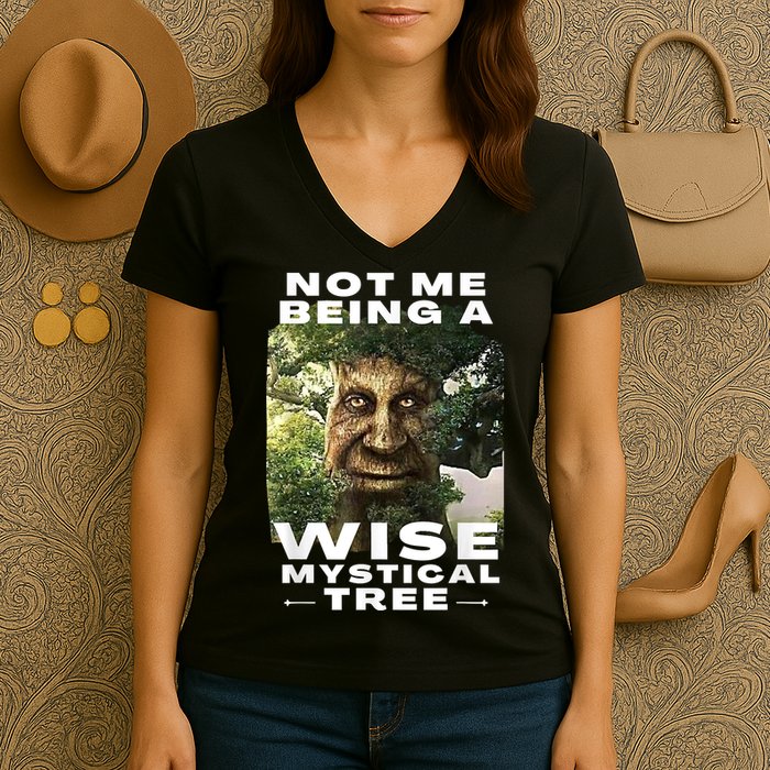 Wise Mystical Tree Face Old Mythical Oak Tree Funny Meme Women's V-Neck T-Shirt