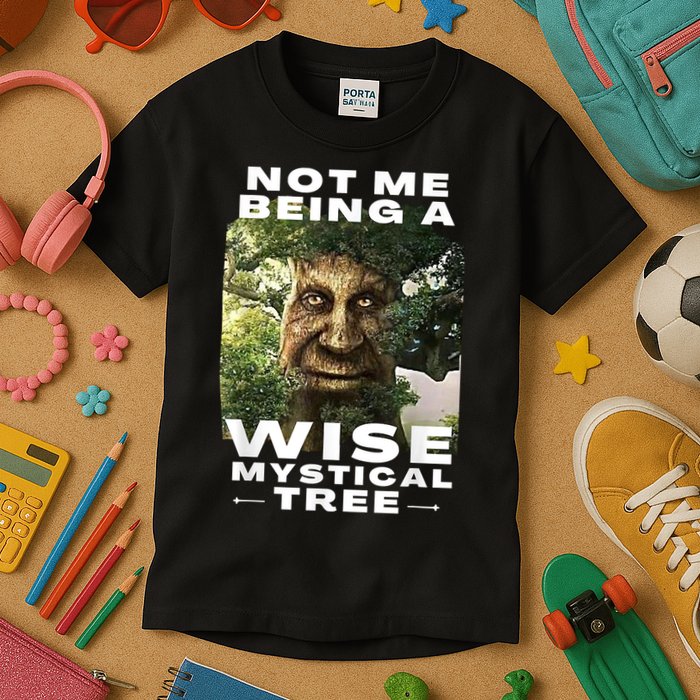 Wise Mystical Tree Face Old Mythical Oak Tree Funny Meme Kids T-Shirt