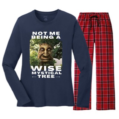 Wise Mystical Tree Face Old Mythical Oak Tree Funny Meme Women's Long Sleeve Flannel Pajama Set 