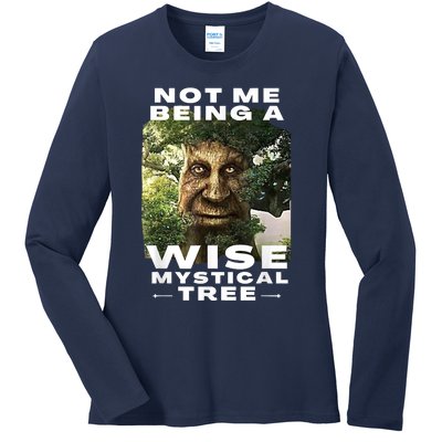 Wise Mystical Tree Face Old Mythical Oak Tree Funny Meme Ladies Long Sleeve Shirt