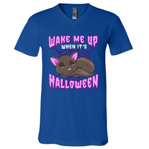 Wake Me Up When It's Halloween Black Cat Gift V-Neck T-Shirt