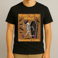 Wake Me Up When Summer Ends Funny Skeleton Running Halloween T-Shirt