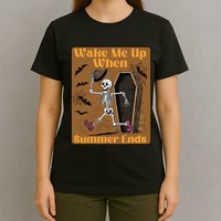 Wake Me Up When Summer Ends Funny Skeleton Running Halloween T-Shirt