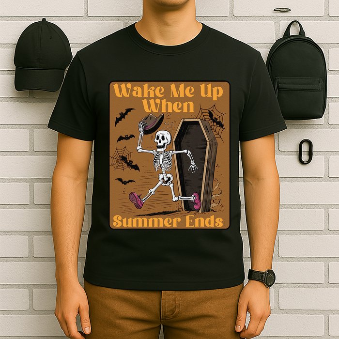 Wake Me Up When Summer Ends Funny Skeleton Running Halloween T-Shirt