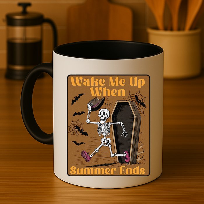 Wake Me Up When Summer Ends Funny Skeleton Running Halloween Mug