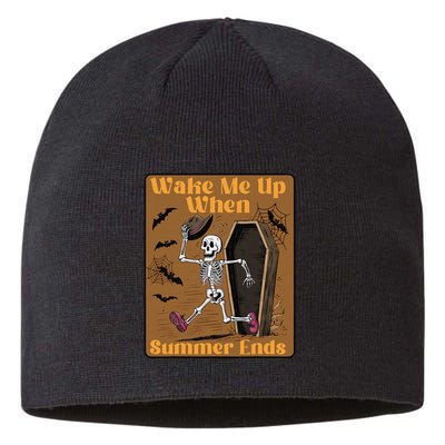 Wake Me Up When Summer Ends Funny Skeleton Running Halloween Sustainable Beanie