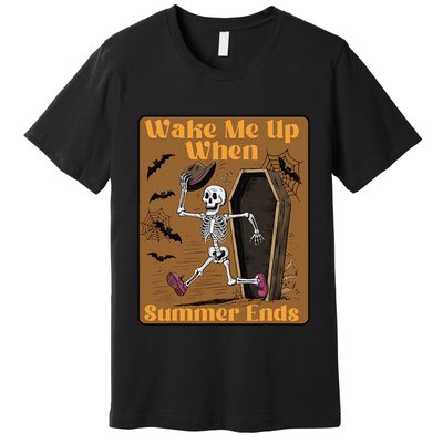 Wake Me Up When Summer Ends Funny Skeleton Running Halloween Premium T-Shirt