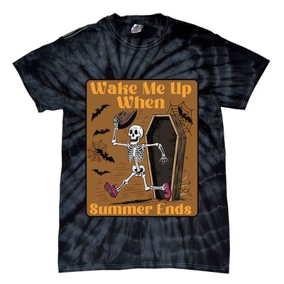 Wake Me Up When Summer Ends Funny Skeleton Running Halloween Tie-Dye T-Shirt
