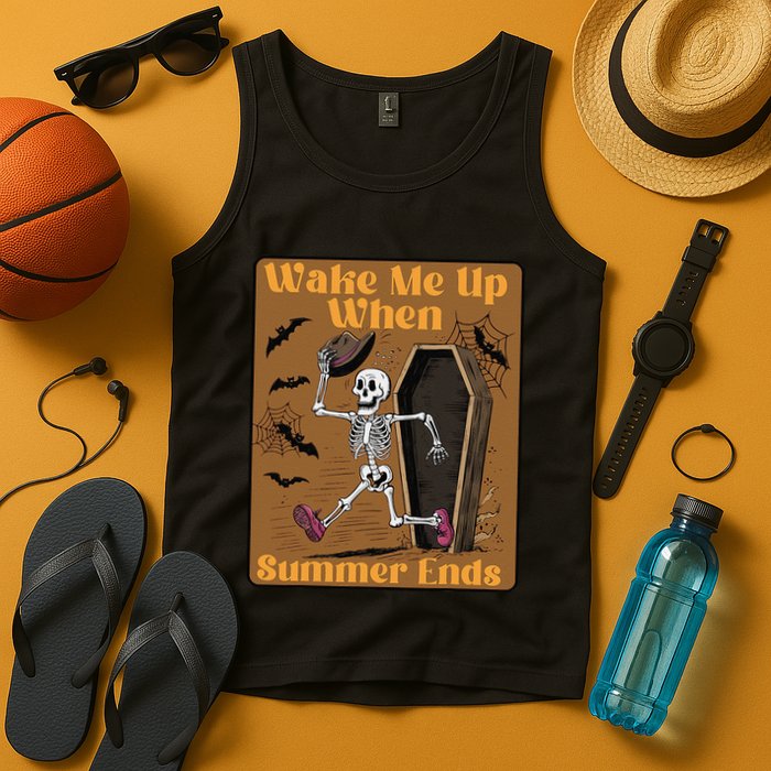 Wake Me Up When Summer Ends Funny Skeleton Running Halloween Tank Top