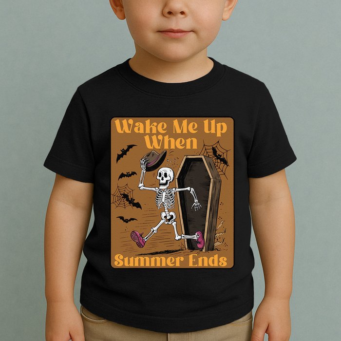 Wake Me Up When Summer Ends Funny Skeleton Running Halloween Toddler T-Shirt