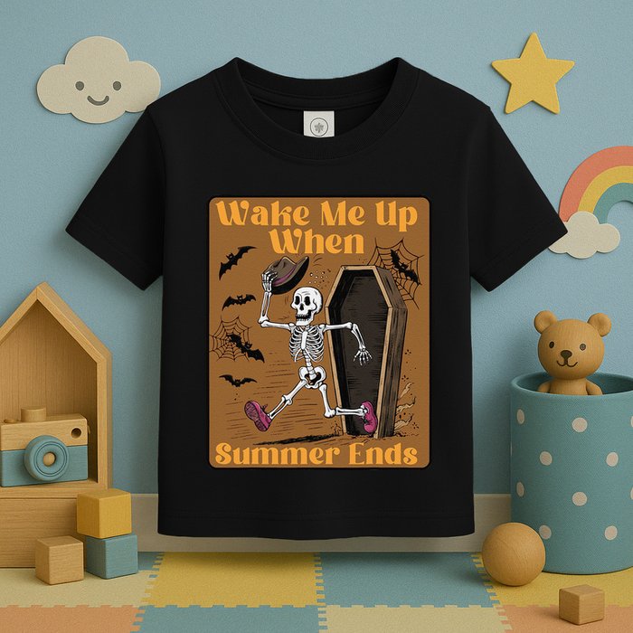 Wake Me Up When Summer Ends Funny Skeleton Running Halloween Toddler T-Shirt
