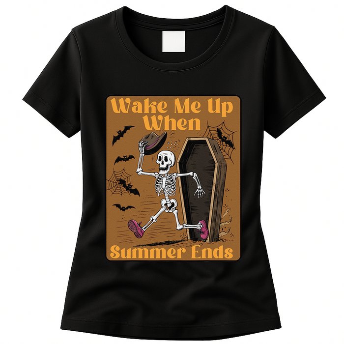Wake Me Up When Summer Ends Funny Skeleton Running Halloween Womens T-Shirt
