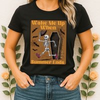 Wake Me Up When Summer Ends Funny Skeleton Running Halloween Womens T-Shirt