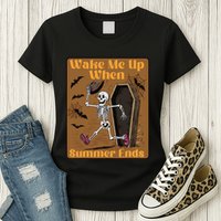 Wake Me Up When Summer Ends Funny Skeleton Running Halloween Womens T-Shirt