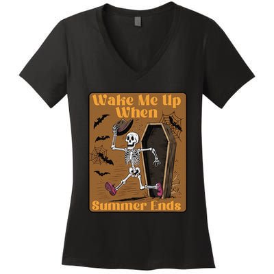 Wake Me Up When Summer Ends Funny Skeleton Running Halloween Women's V-Neck T-Shirt
