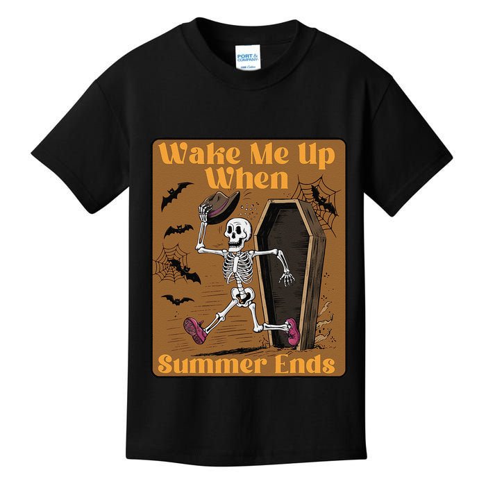 Wake Me Up When Summer Ends Funny Skeleton Running Halloween Kids T-Shirt