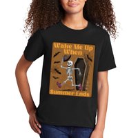 Wake Me Up When Summer Ends Funny Skeleton Running Halloween Kids T-Shirt