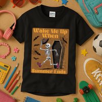 Wake Me Up When Summer Ends Funny Skeleton Running Halloween Kids T-Shirt