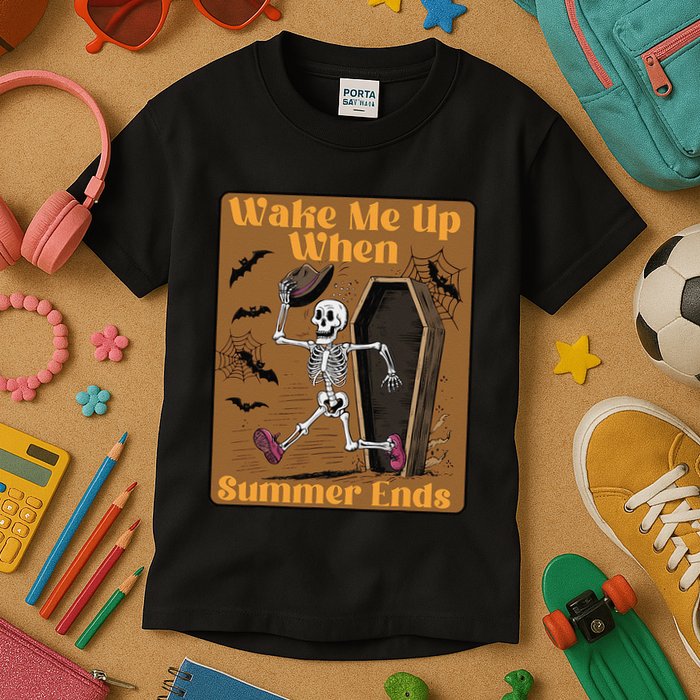 Wake Me Up When Summer Ends Funny Skeleton Running Halloween Kids T-Shirt