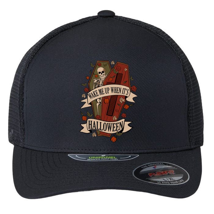 Wake Me Up When Its Halloween Funny Skeleton Coffin Flexfit Unipanel Trucker Cap