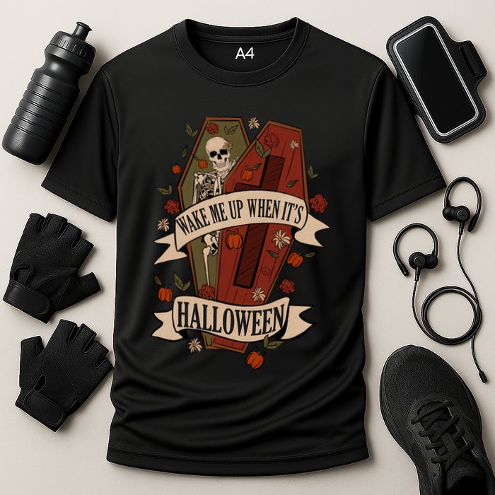 Wake Me Up When Its Halloween Funny Skeleton Coffin Performance Shirt