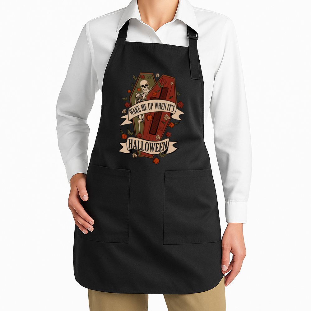 Wake Me Up When Its Halloween Funny Skeleton Coffin Apron