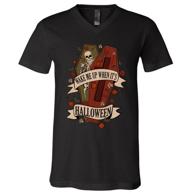 Wake Me Up When Its Halloween Funny Skeleton Coffin V-Neck T-Shirt