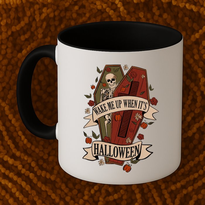 Wake Me Up When Its Halloween Funny Skeleton Coffin Mug