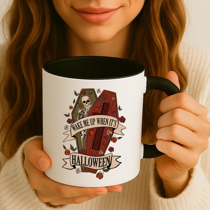 Wake Me Up When Its Halloween Funny Skeleton Coffin Mug