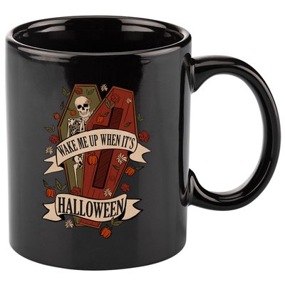 Wake Me Up When Its Halloween Funny Skeleton Coffin 11oz C Handle Ceramic Mug