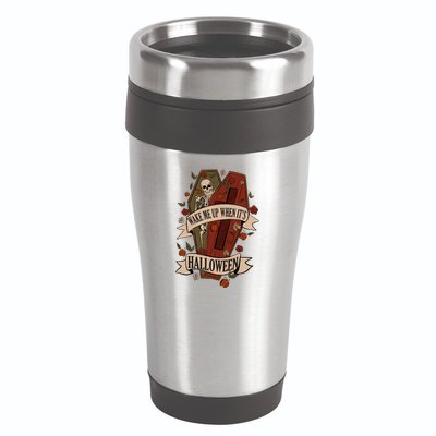 Wake Me Up When Its Halloween Funny Skeleton Coffin 16oz Travel Tumbler