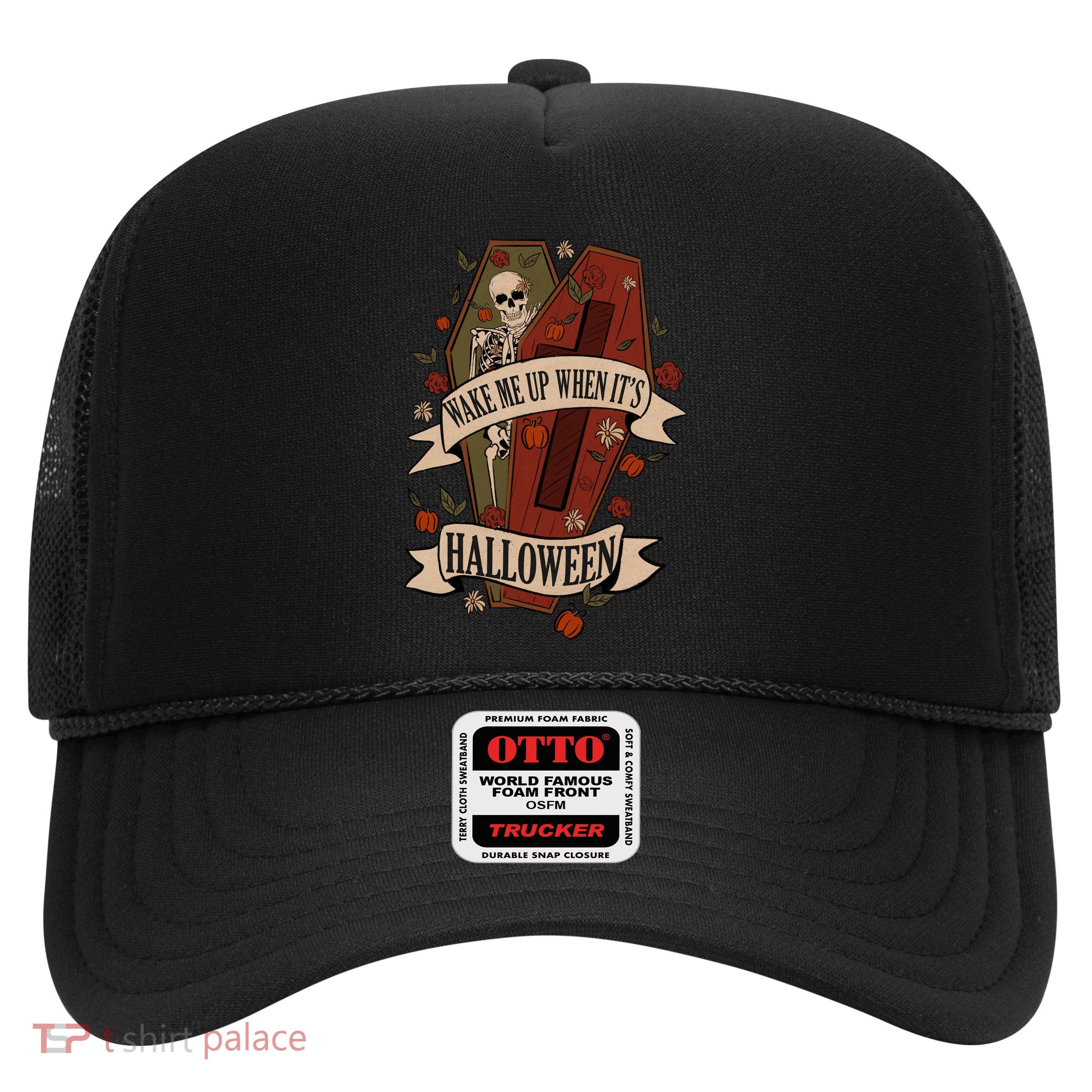 Wake Me Up When Its Halloween Funny Skeleton Coffin Trucker Hat