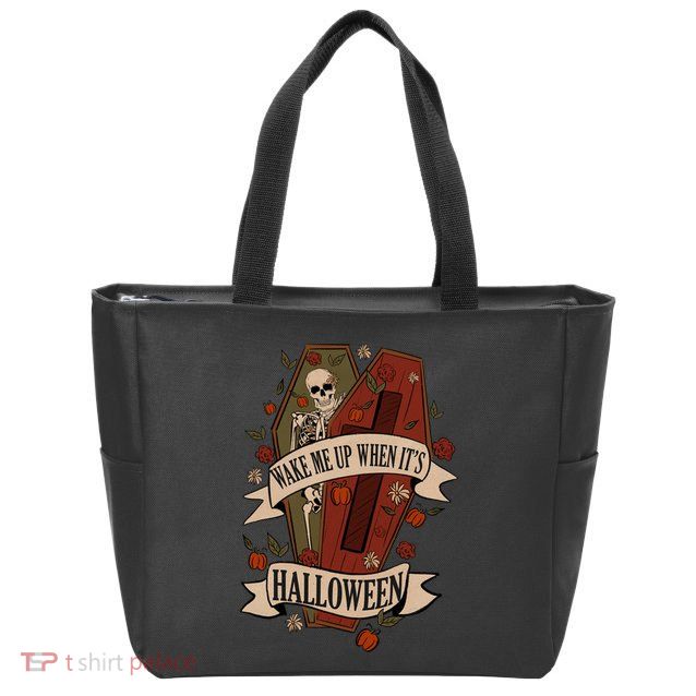 Wake Me Up When Its Halloween Funny Skeleton Coffin Zip Tote Bag