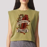 Wake Me Up When Its Halloween Funny Skeleton Coffin Garment-Dyed Women's Muscle Tee