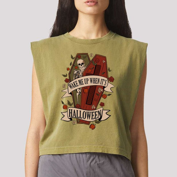 Wake Me Up When Its Halloween Funny Skeleton Coffin Garment-Dyed Women's Muscle Tee