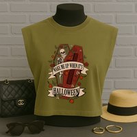 Wake Me Up When Its Halloween Funny Skeleton Coffin Garment-Dyed Women's Muscle Tee