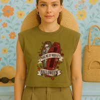 Wake Me Up When Its Halloween Funny Skeleton Coffin Garment-Dyed Women's Muscle Tee