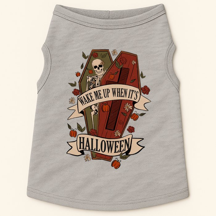 Wake Me Up When Its Halloween Funny Skeleton Coffin Doggie Tank
