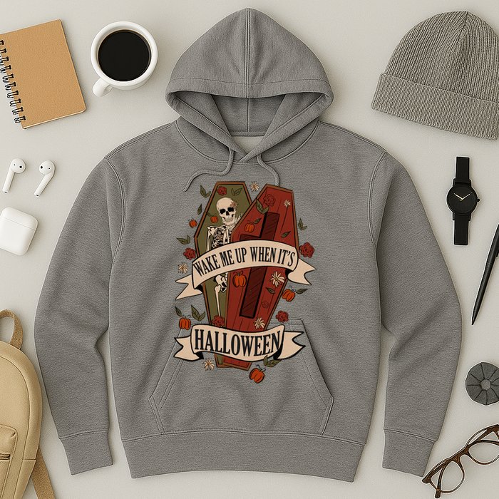 Wake Me Up When Its Halloween Funny Skeleton Coffin Hoodie