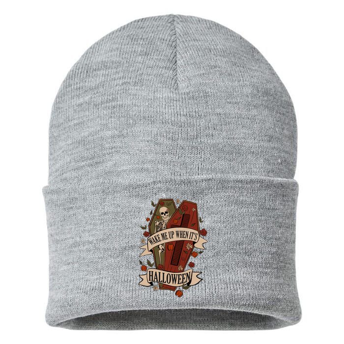 Wake Me Up When Its Halloween Funny Skeleton Coffin Sustainable Knit Beanie