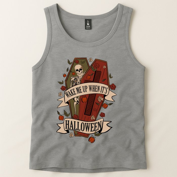 Wake Me Up When Its Halloween Funny Skeleton Coffin Tank Top